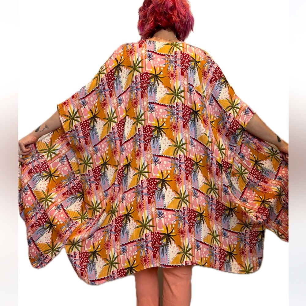 NWT Angie open duster scarf kimono pink periwinkle palm tree tropical coverup